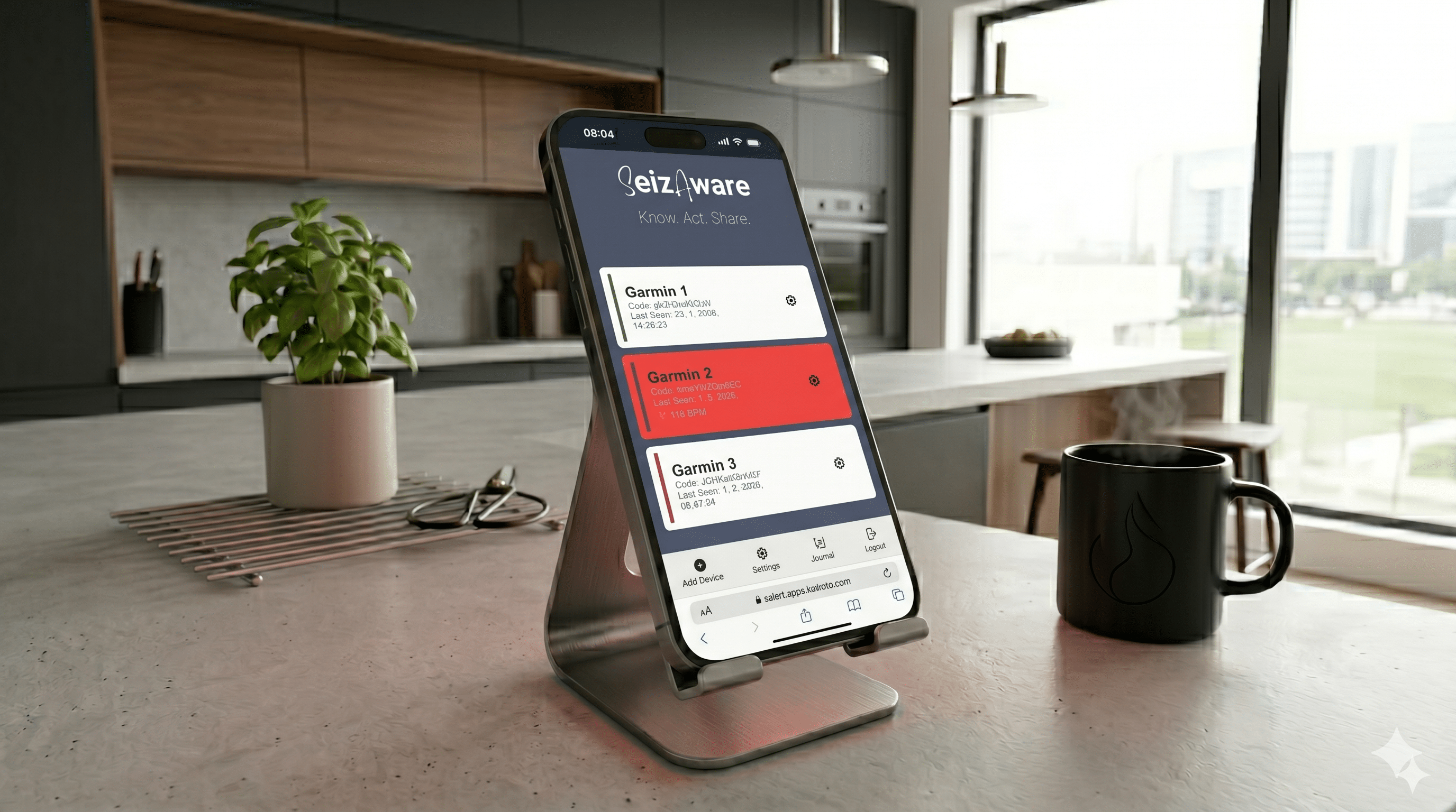 SeizaWare mobile app - Devices view, one device potential seizure elevated alarm