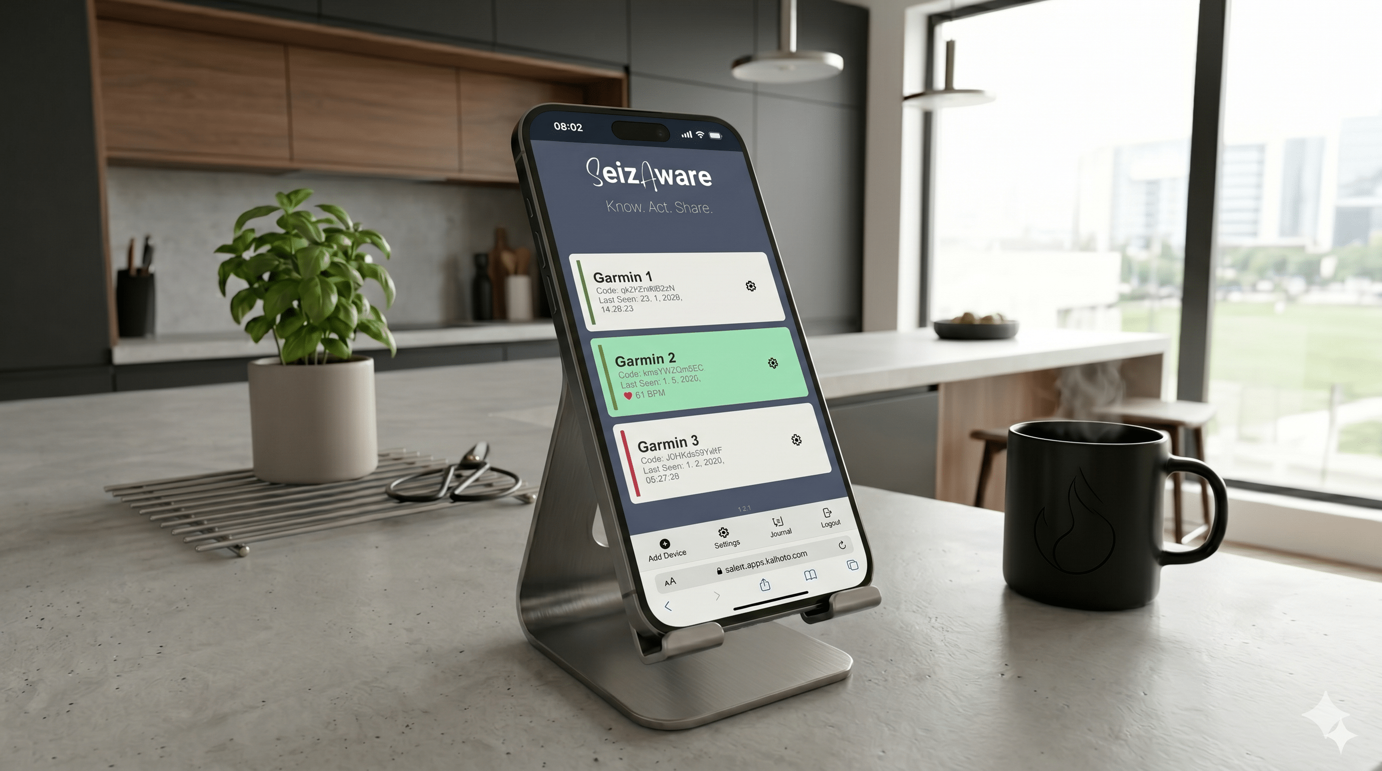 SeizaWare mobile app - Devices view, one device active, no alarm
