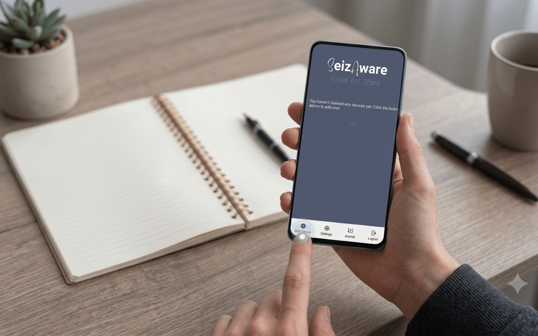 Mockup of person holding a mobile phone - tapping +Add device button