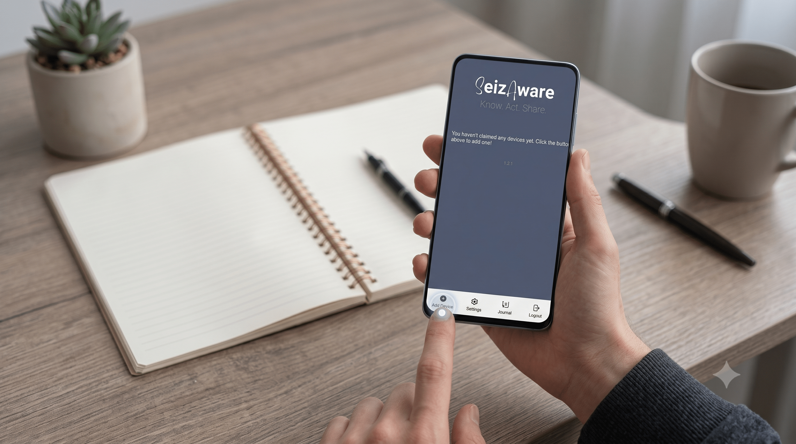 Mockup of person holding a mobile phone - tapping +Add device button