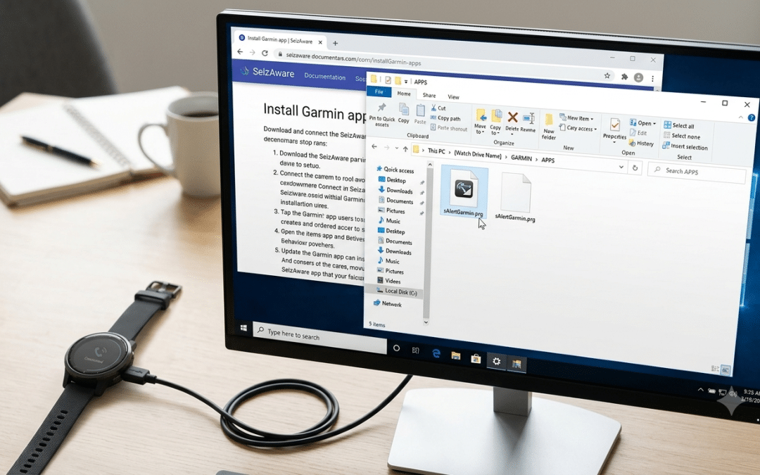 A Garmin smartwatch connected via USB to a computer monitor showing Windows File Explorer open to the GARMIN APPS folder directory with the sAlertGarmin application file copied inside.