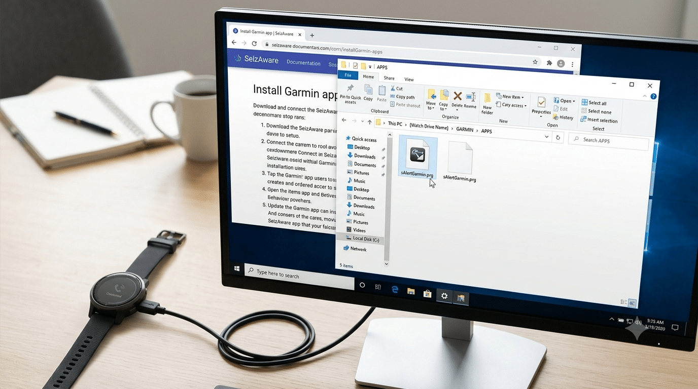 A Garmin smartwatch connected via USB to a computer monitor showing Windows File Explorer open to the GARMIN APPS folder directory with the sAlertGarmin application file copied inside.