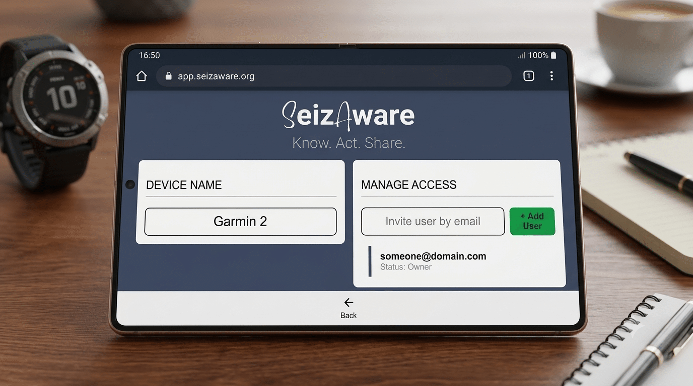 A professional landscape-oriented mockup of the user access management screen for the SeizAware web application, as seen reflowed for a tablet display. The image illustrates the core functionality of the caregiver management documentation, showcasing how to view the "DEVICE NAME" and utilize the "MANAGE ACCESS" section to invite new caregivers by email via the green "+ Add User" button. Current owner details are clearly visible, emphasizing role-based access control per device. A 'Back' button is centrally located at the bottom. The tablet is presented on a clean, light wooden desk.