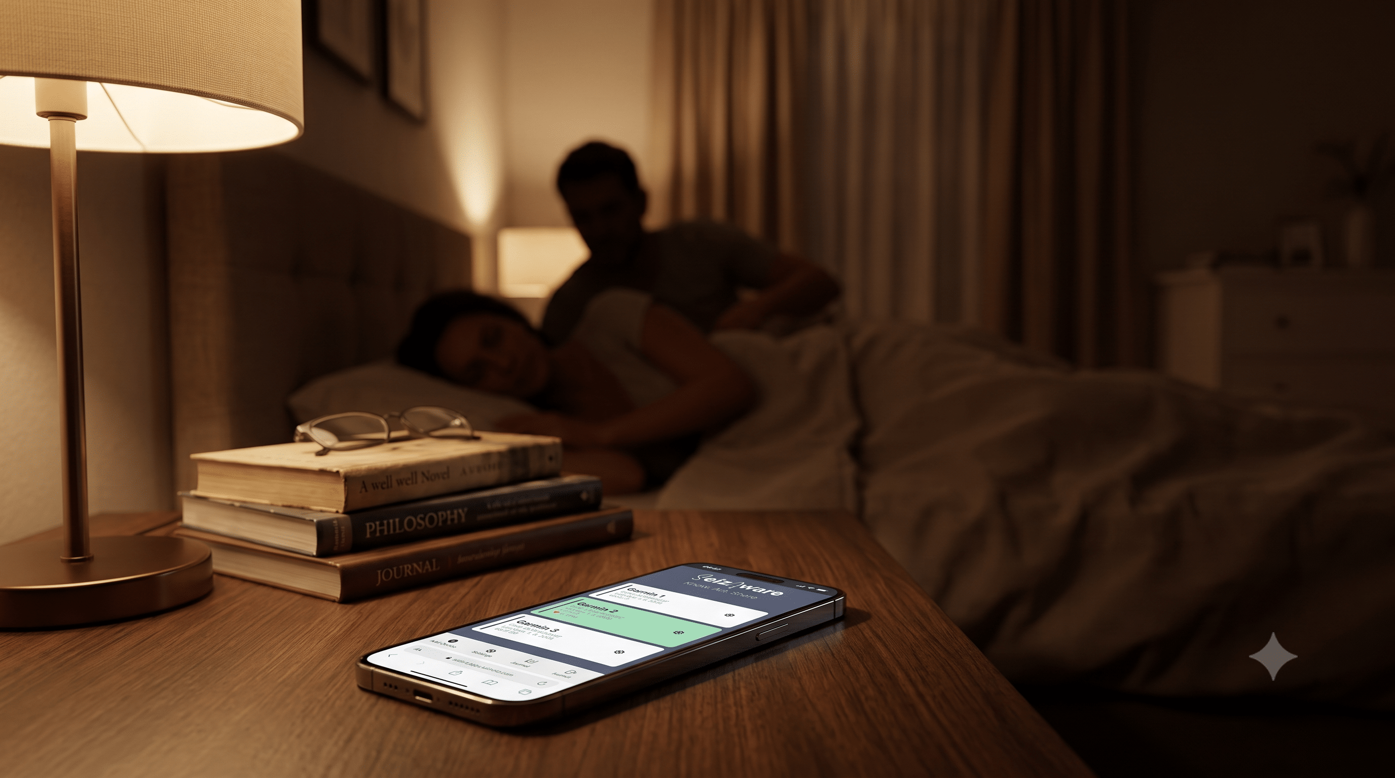 Mobile phone on the night shelf besides the bed, parents going to sleep