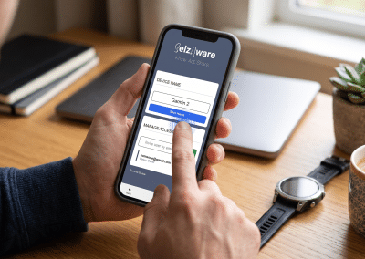 A person holding a smartphone and tapping the blue "Save Name" button in the SeizAware app, with a blurred Garmin smartwatch and coffee cup on a wooden home-office desk in the background.